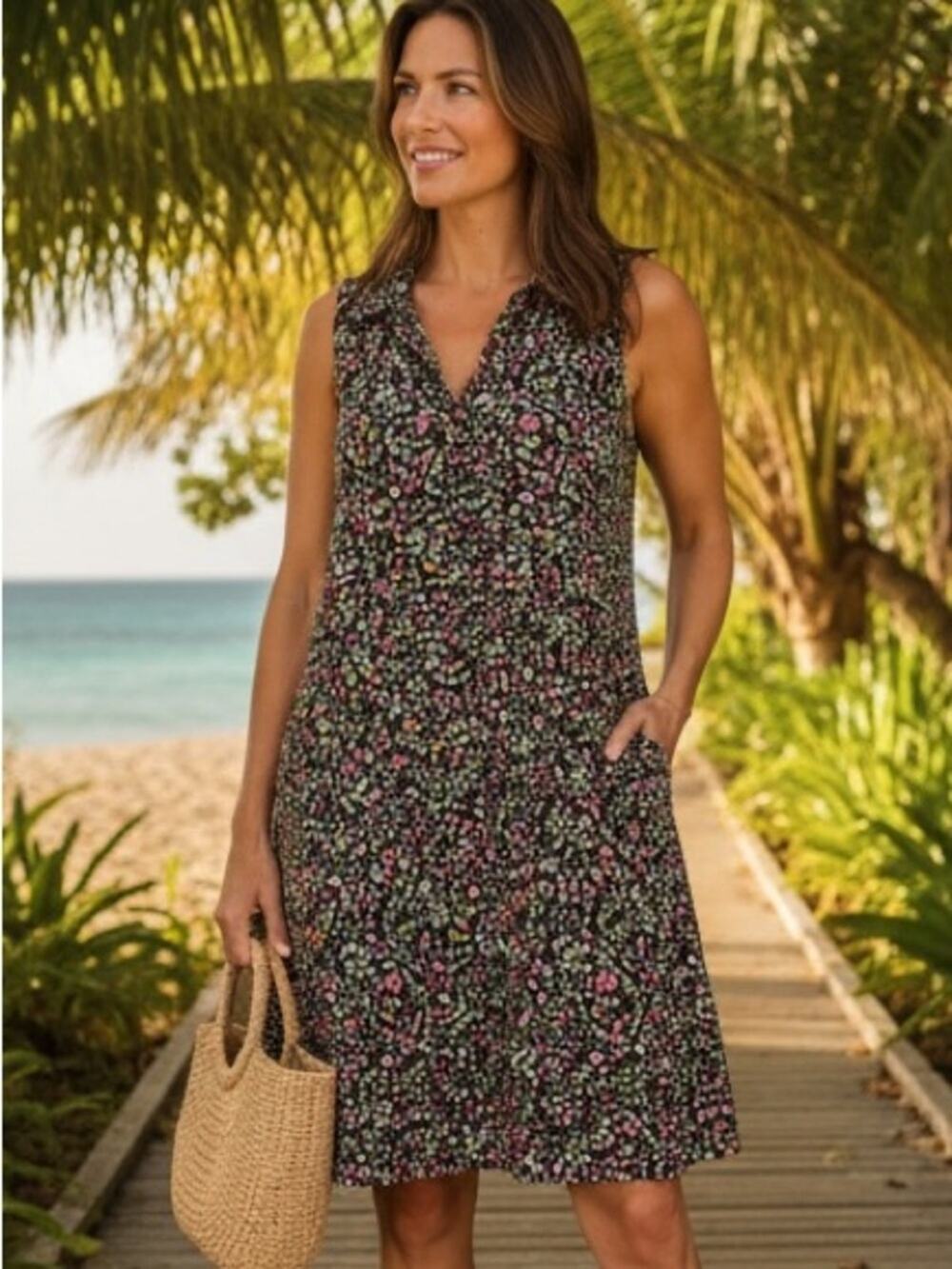 J. Jill NWOT Floral Shirt Dress Black Pink Multi Sleeveless Shift Dress large